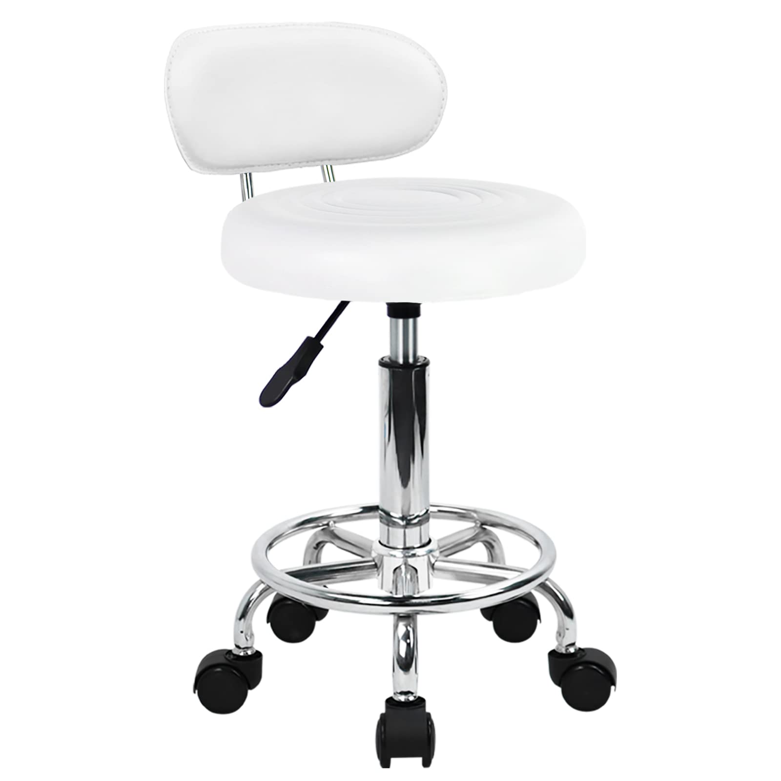 Kktoner Pu Leather Modern Rolling Stool with Low Back Height Adjustable Work Salon Drafting Swivel Task Chair with Footrest (white)