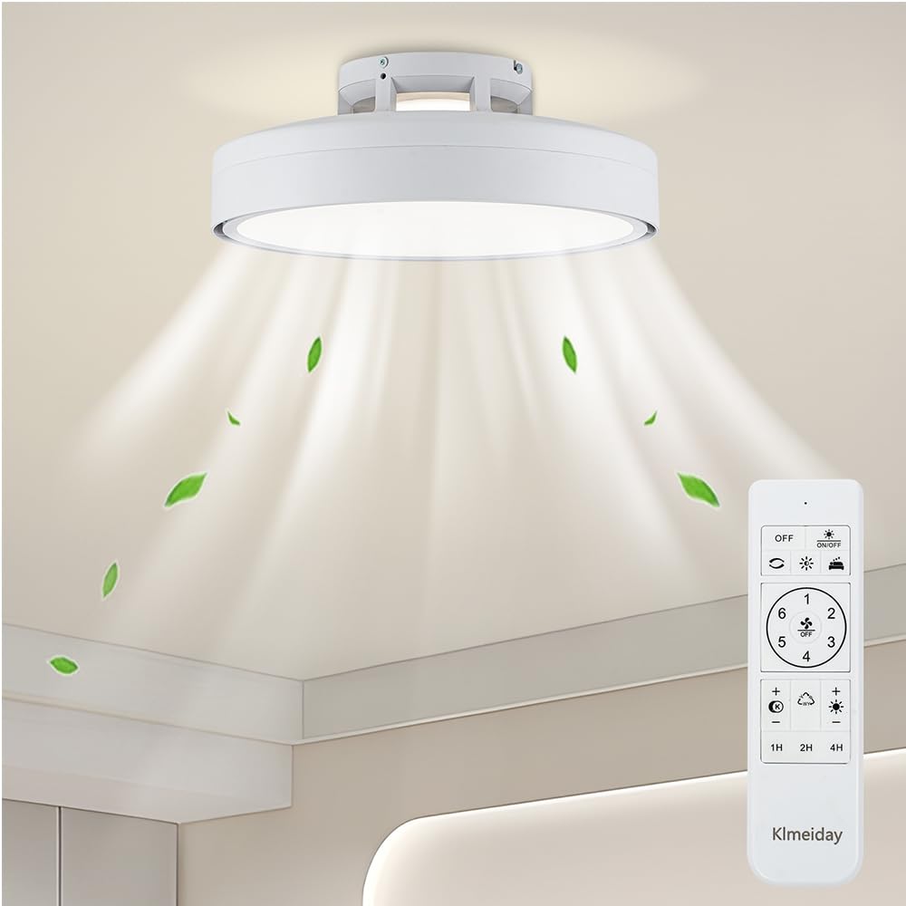 Ceiling Fans with Lights and Remote, Flush Mount Modern Bladeless Ceiling Fan with Light, 6 Speeds, Stepless dimming and CCT 3000K-6000K LED Lights for Bedroom, Study Room (White, 20.1?)