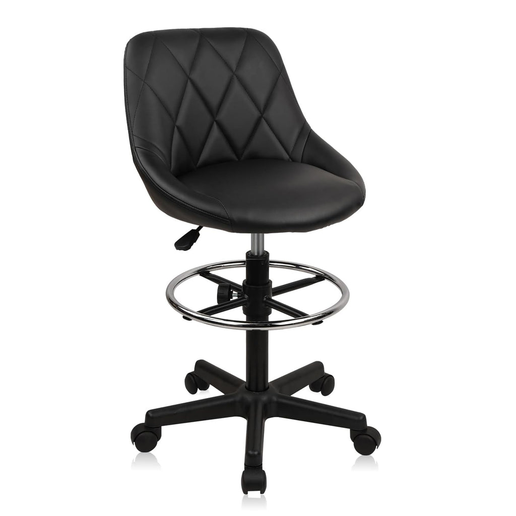 Klasika Drafting Chair with Backrest, Faux Leather Height Adjustable Rolling Swivel Stool with Foot Ring, Ergonomic Tall Standing Desk Office
