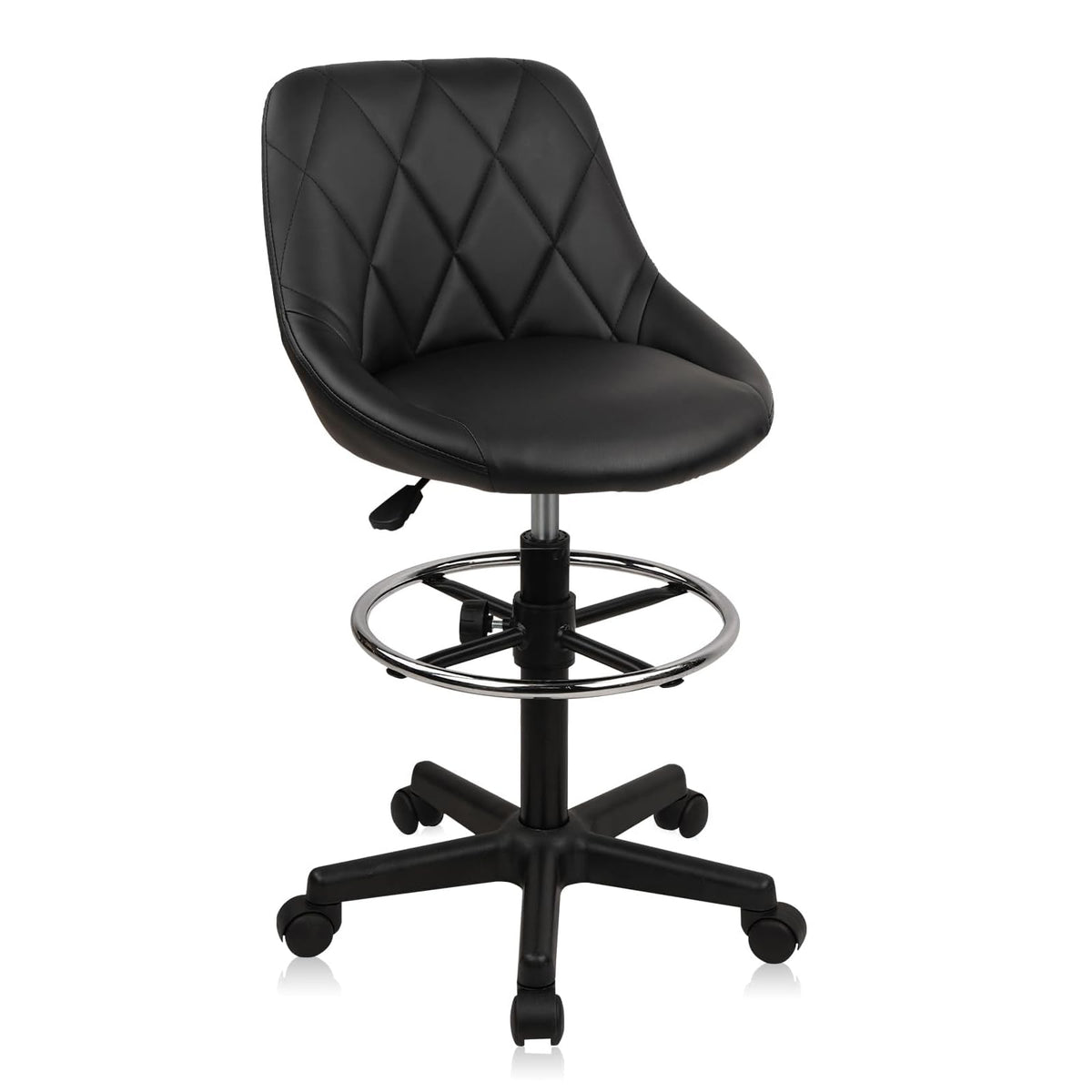 Klasika Drafting Chair with Backrest, Faux Leather Height Adjustable Rolling Swivel Stool with Foot Ring, Ergonomic Tall Standing Desk Office