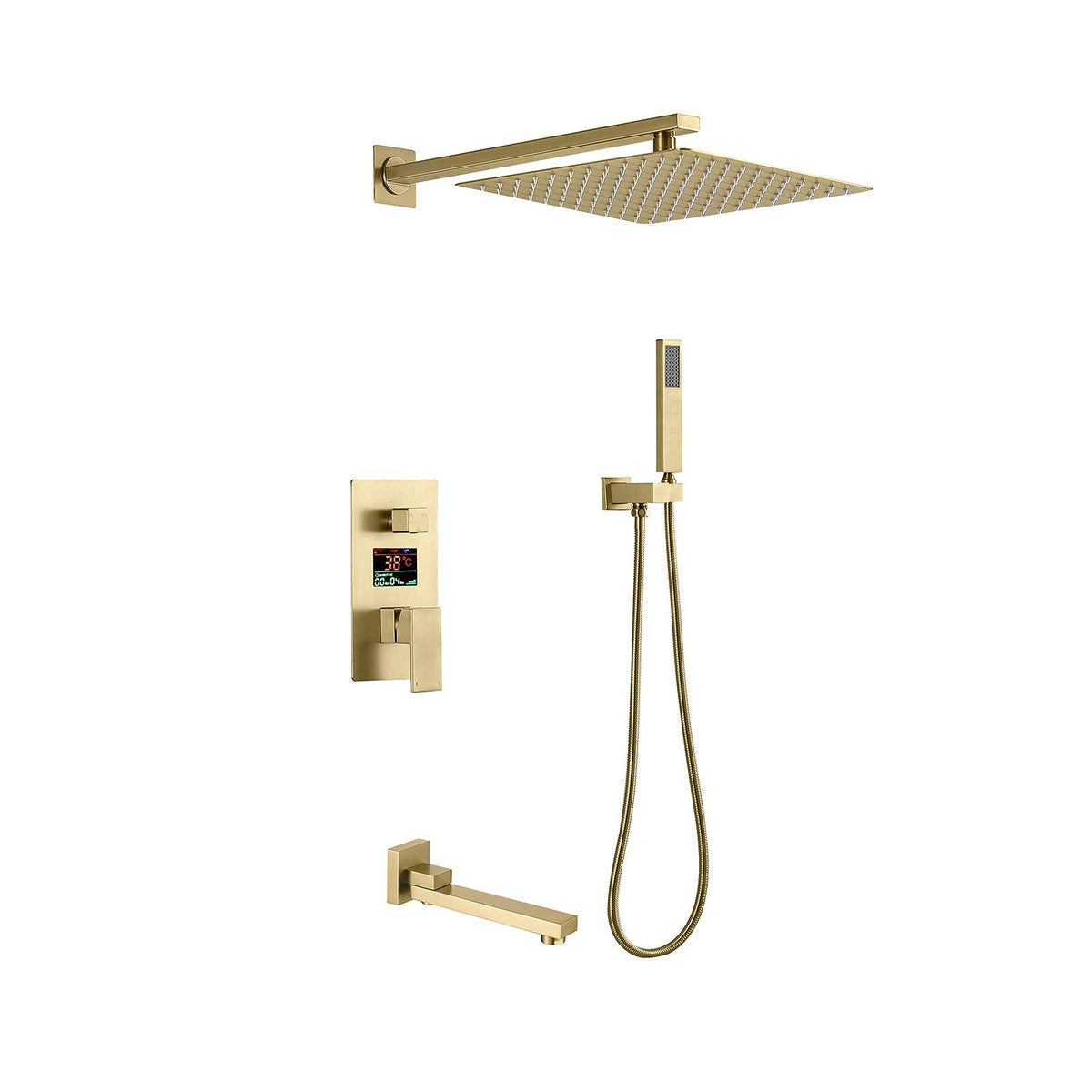 Digital Display Shower Combo Set Wall Mounted Bathroom Shower Faucet Set with Shower Head, Handheld Shower, Tub Spout, Embedded Box,Brushed Gold,8 Inches