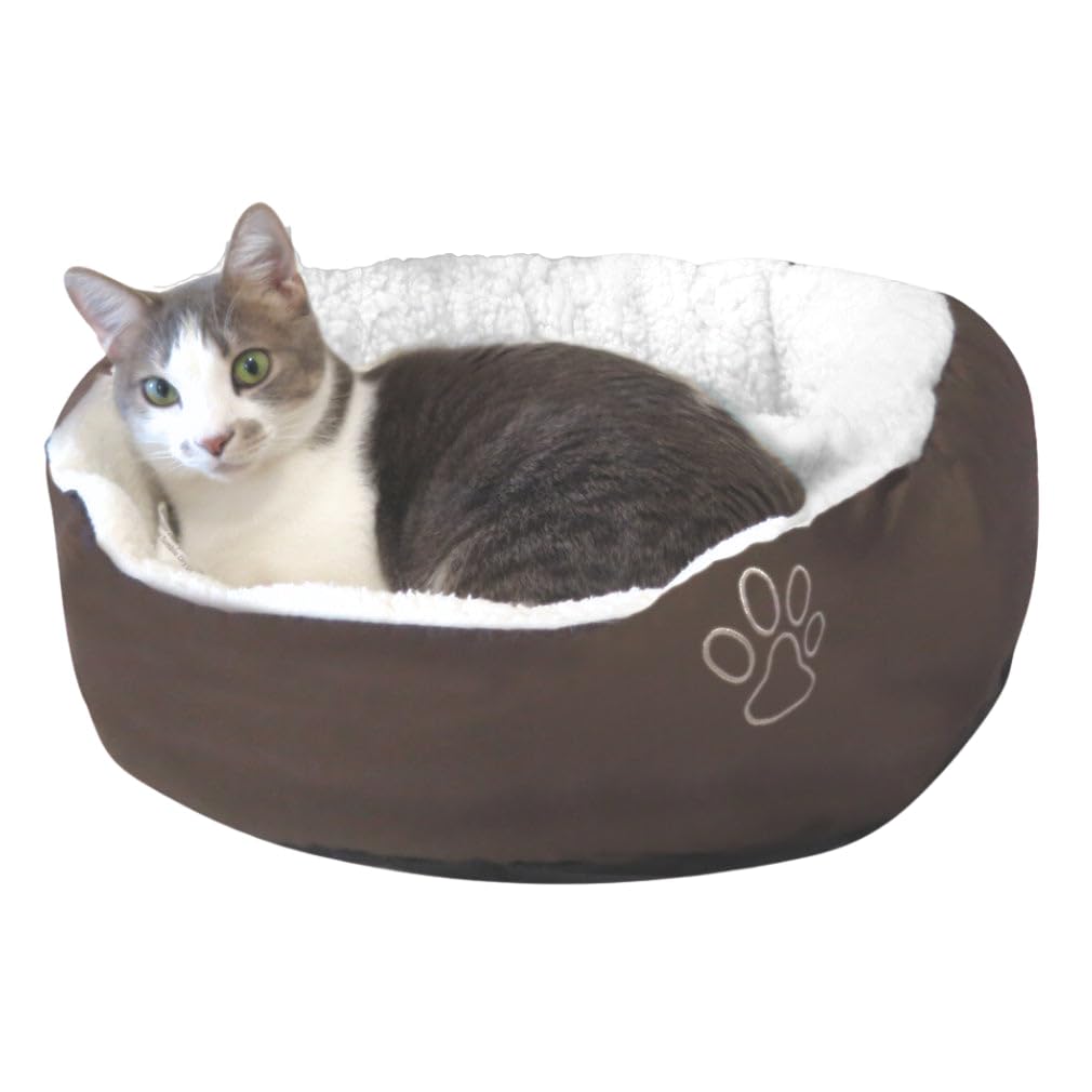 Evelots Calming Donut Cat Bed - Warm Pet Bed for Cats and Small Dogs - Anti-Anxiety Cozy Cuddler - Removable Soft Plush Cushion - Machine Washable - Non-Slip Bottom - Brown