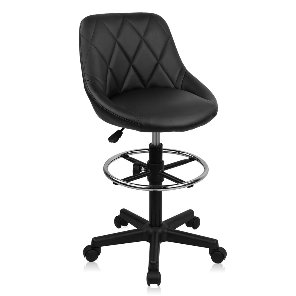 Klasika Drafting Chair with Backrest and Wheels, Adjustable Footrest Height Rolling Stool, Pu Leather Tall Swivel Chairs Work Shop Office Desk
