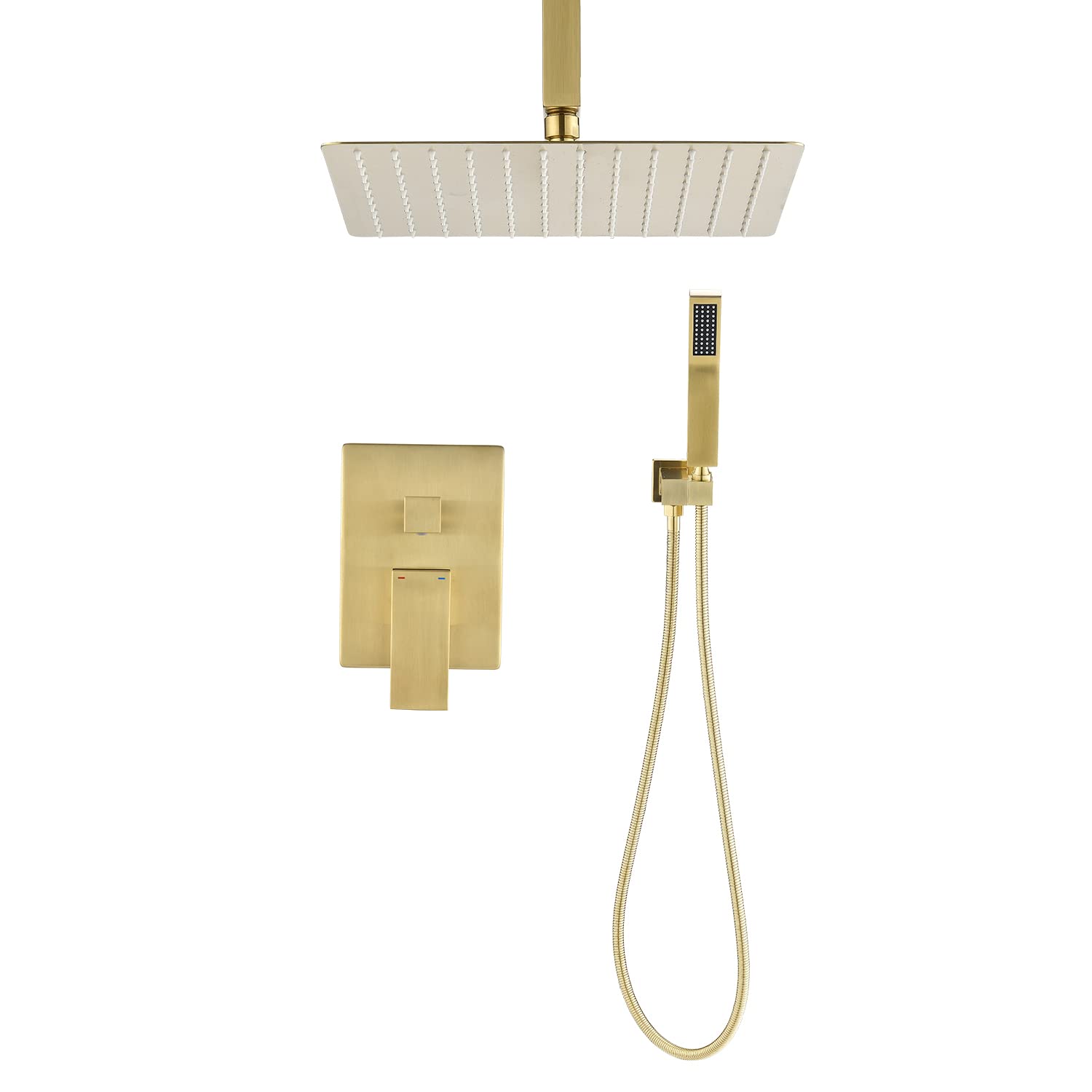 Kaimei Ceiling Mounted Rain Shower System Combo - Brushed Gold Shower Head and Handheld with 10-Inch Rainfall Spray - Easy Installation, Bathroom Shower Fixtures for Spa-Like Experience
