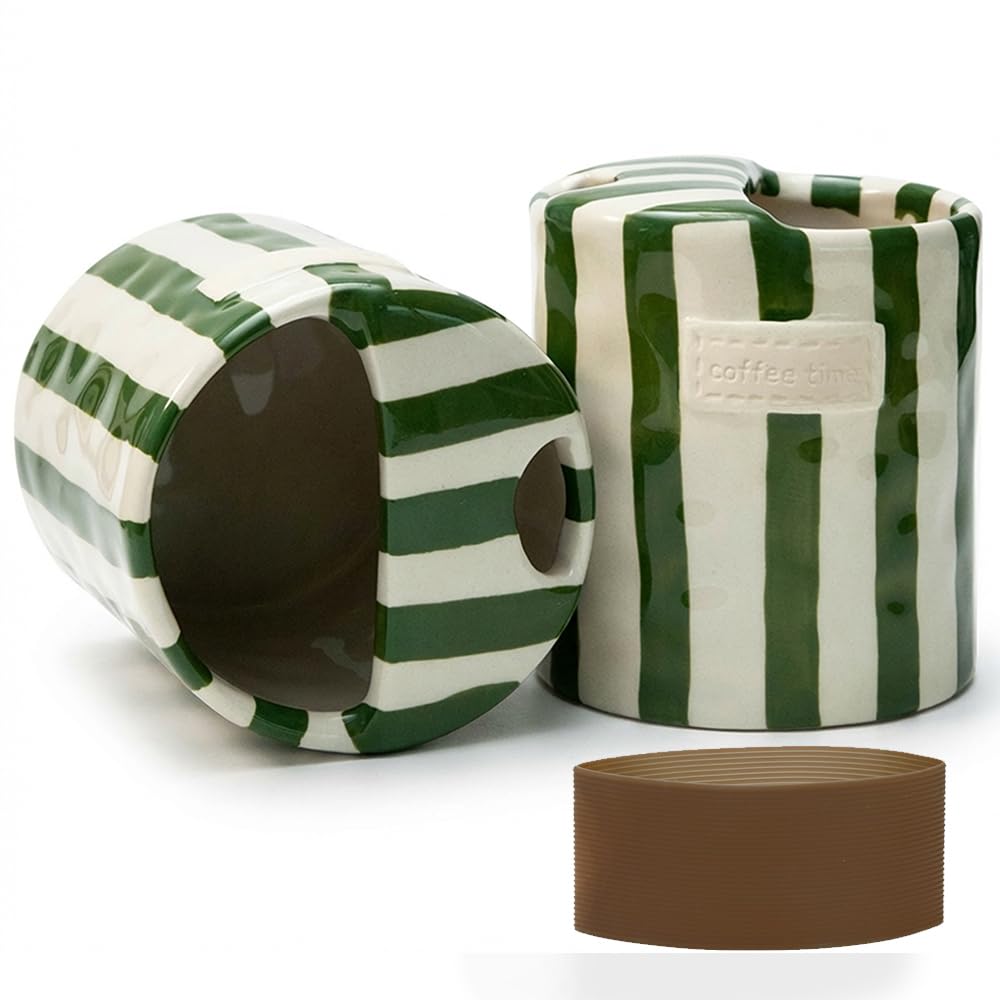Ceramic Coffee Mug with Lid, Ceramic Travel Mug with Straw Hole, 12oz Retro Striped To Go Coffee Mug for Hot & Cold Drinks, Microwave & Dishwasher Safe?Green