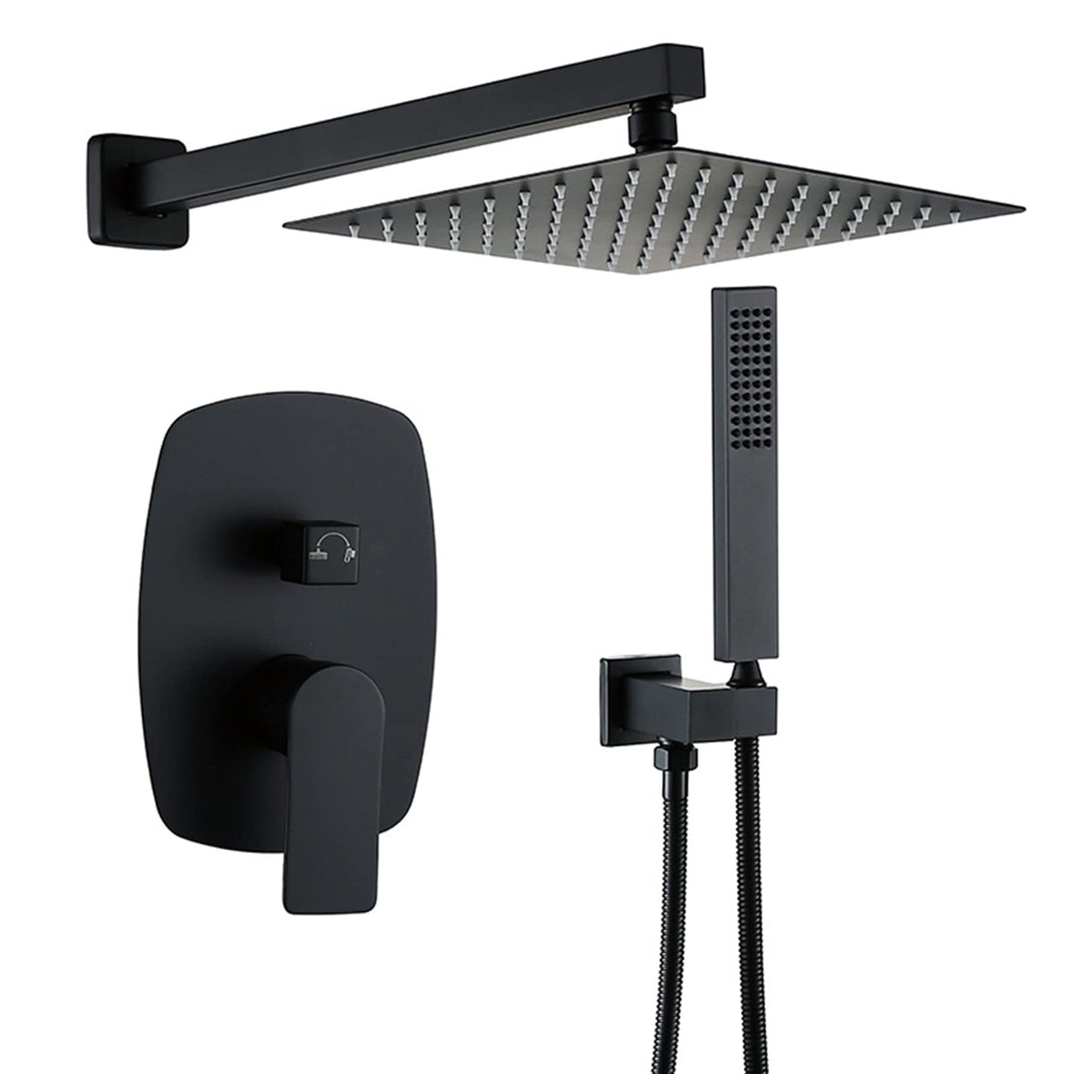 Rainfall Shower System with High Pressure Square Shower Head and Handheld Shower Bathroom Shower Fixture Combo Set Wall Mounted Brass Hot and Cold Shower Mixer Set (Black)