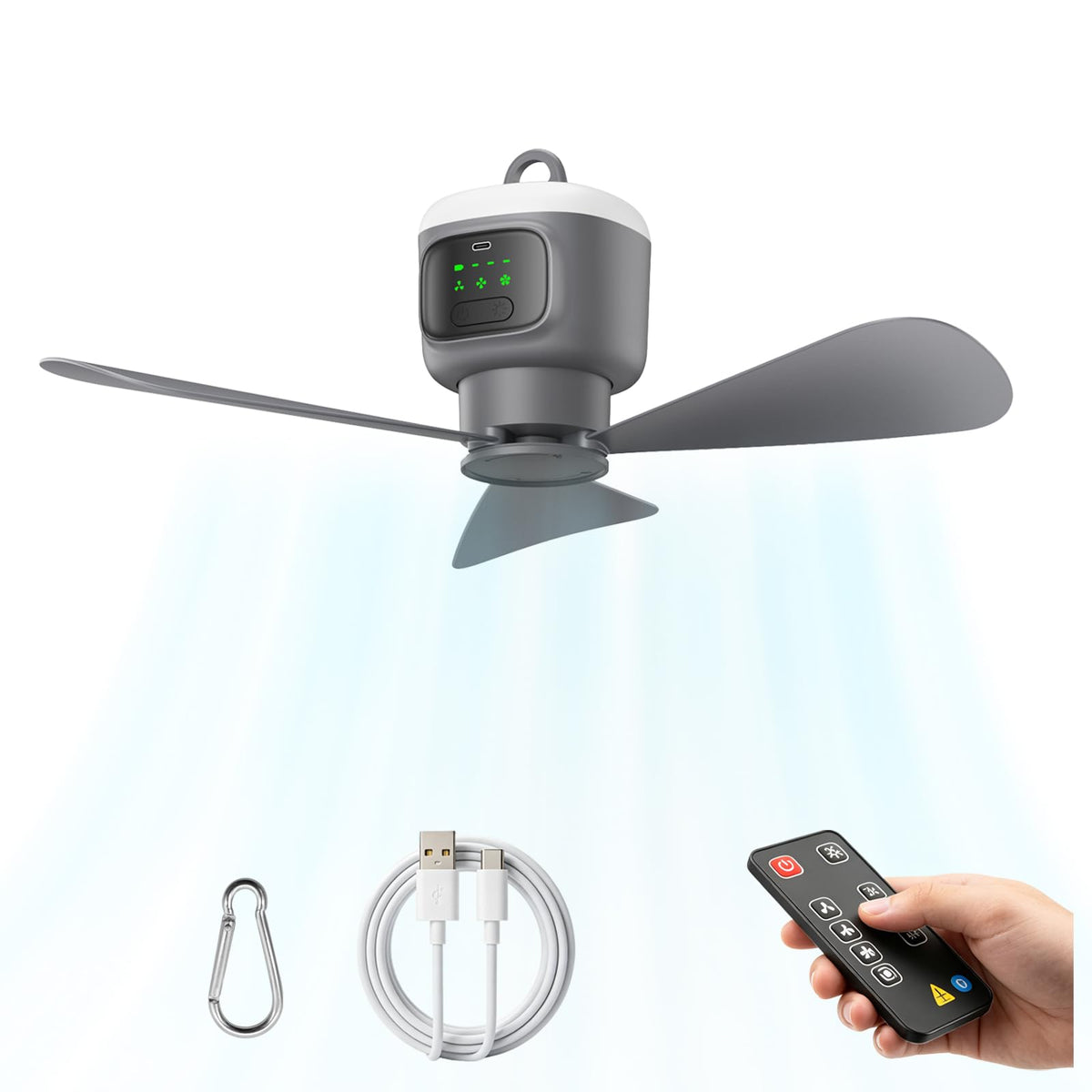 18 inch Portable Ceiling Fan with Light & Remote, 12000mAh Battery Powered Rechargeable Tent Fan, Outdoor Ceiling Camping Fans Light with Hanging Hook for Canopy Gazebo Patio RV Travel Fishing