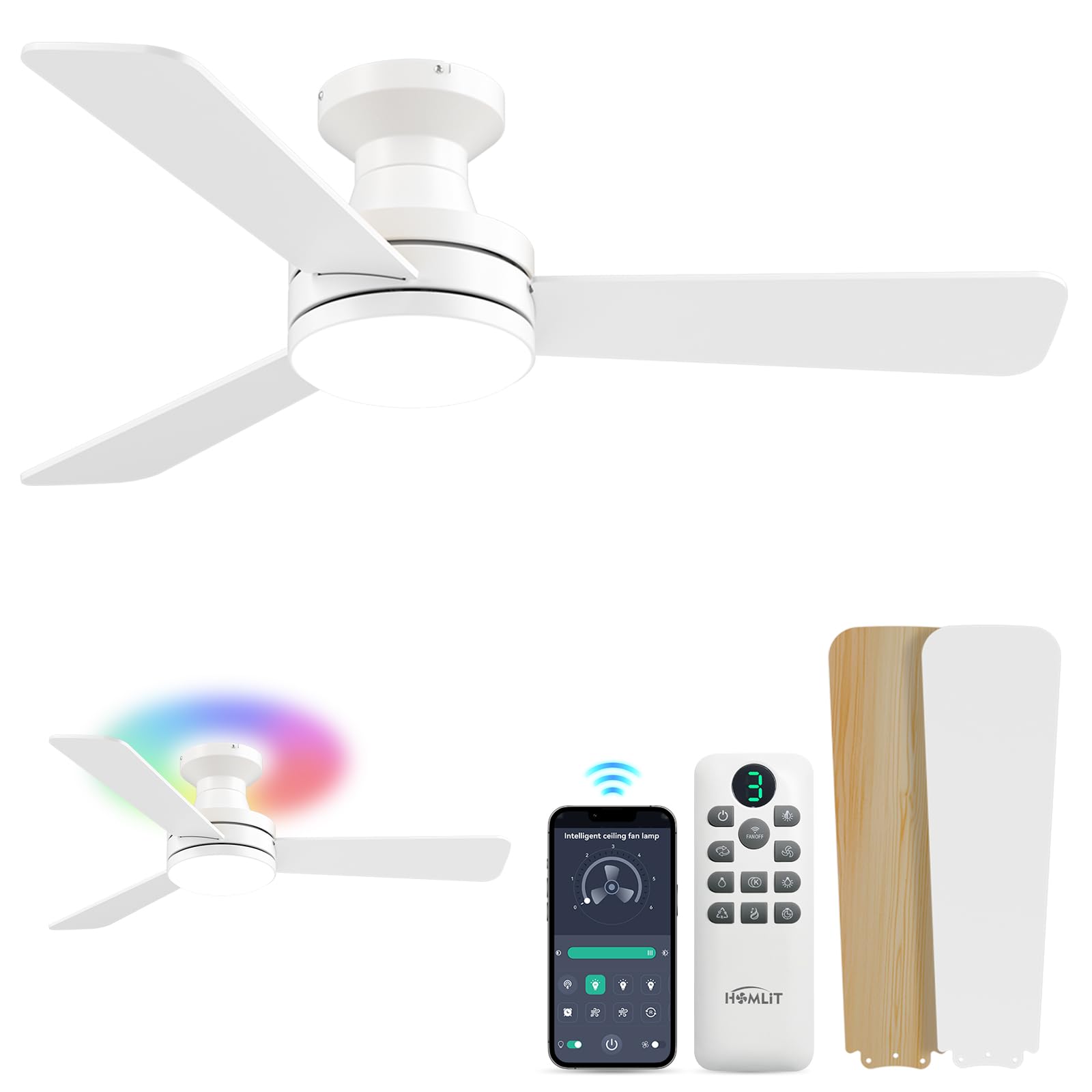 42 inch RGB Ceiling Fan with Light, Smart App & Remote Control Low Profile Flush Mount, Music Sync Lighting, 6-Speed Quiet Reversible DC Motor, 4CCT Dimmable for Home Office Party,White