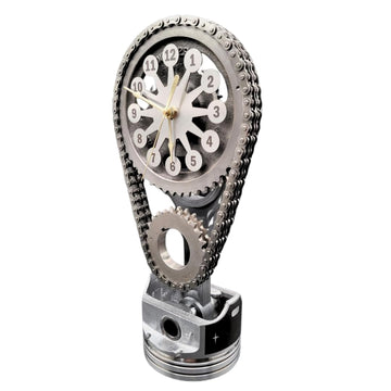 Clock9nine Chevy Big Block Rotating Gear Clock – Stainless Steel Timing Chain Piston Art, Muscle Car Enthusiast Gift, Classic Chevy Garage Decor, Hot Rod Man Cave Collectible, Car Show Trophy