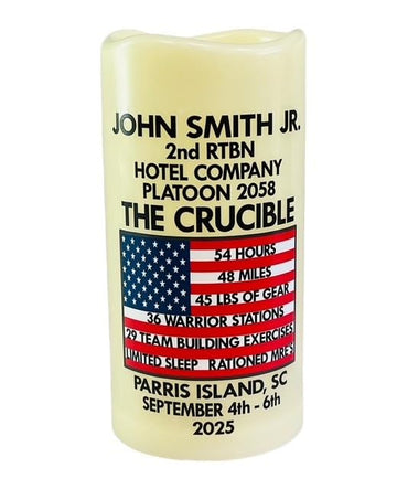 Ships Fast from Texas! Personalized Crucible LED Flameless Flickering Prayer Candle with Name, Battalion, Company, and Platoon.
