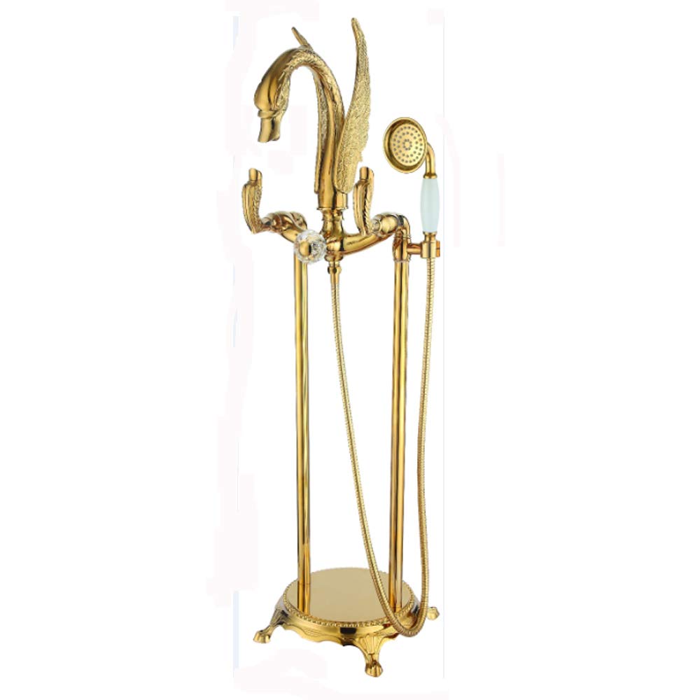 Gold Swan Freestanding Bathtub Faucet with Cold and Hot Water Brass Bathtub Faucet Set Swan Double Handle Floor Mounted Bathtub Shower Mixer Taps with Handheld Shower