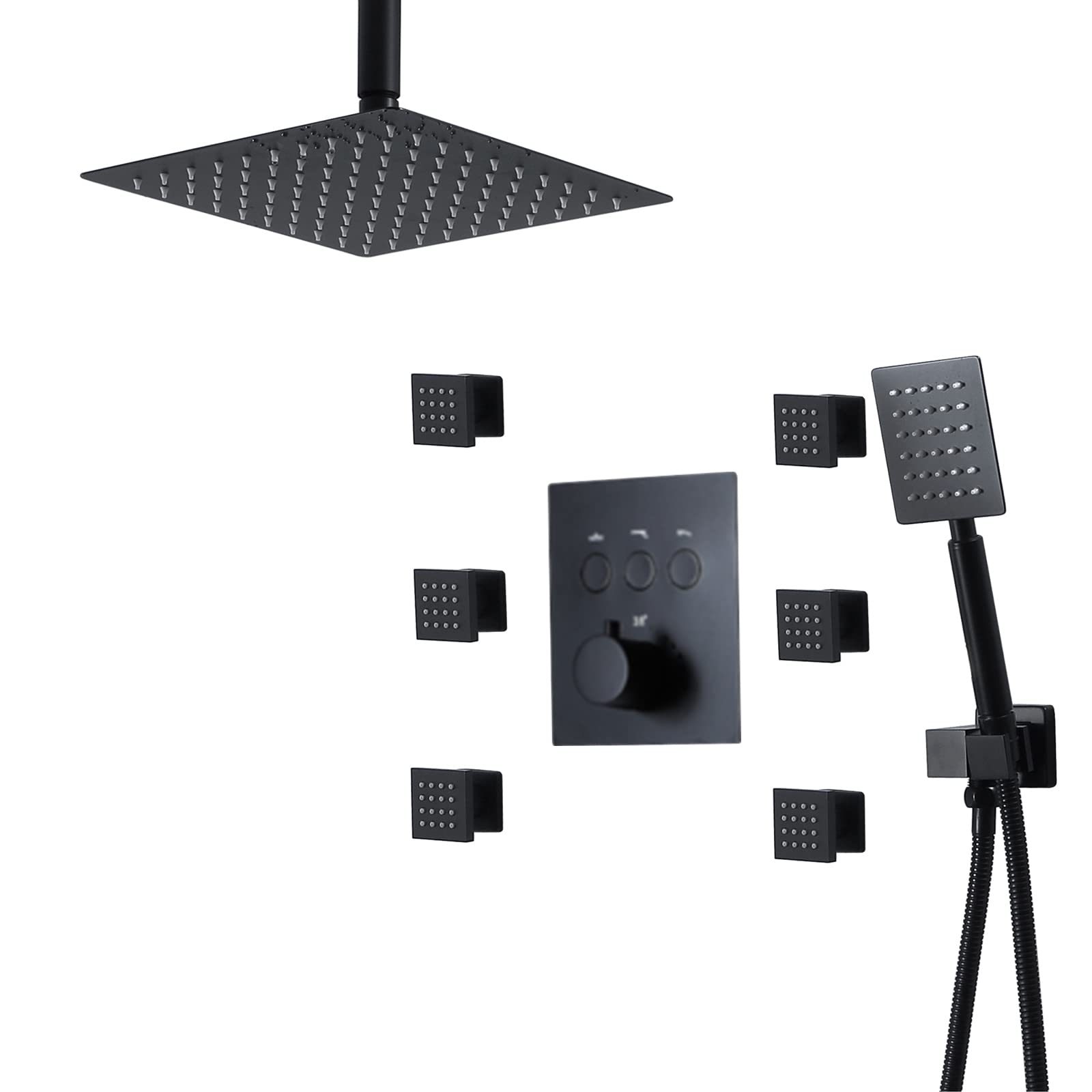Shower Set Shower Fixture, Black Rain Shower System Concealed Bathroom Rain Mixer Shower Combo Set with Square Shower Head, Stainless Steel Handheld Shower, Body Jets,Ceiling Mounted