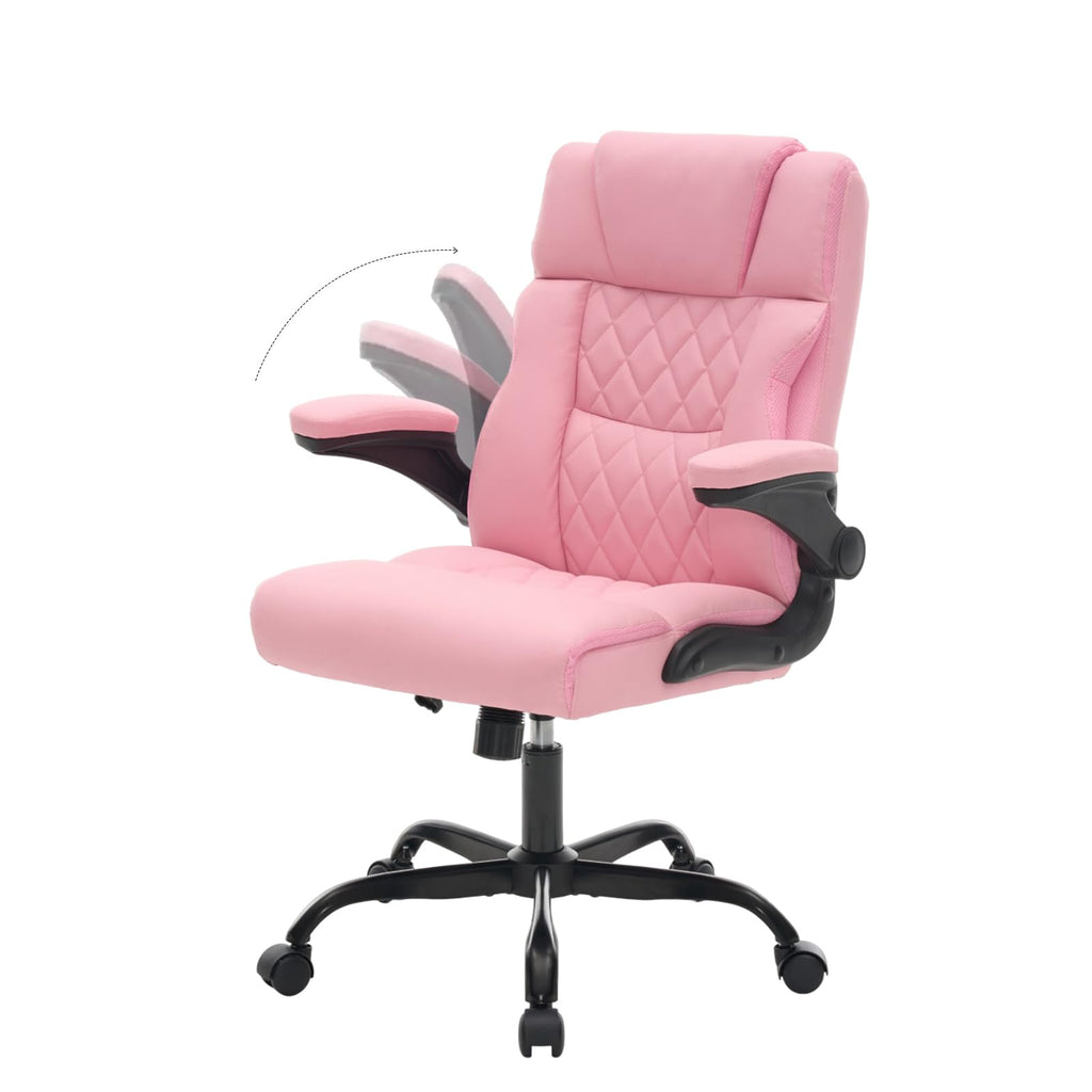 Lianva Ergonomic Office Chair, Executive Desk Chair with Flip-up Armrest, Swivel Computer Task Chair with Wheels for Home Office, Small Pink