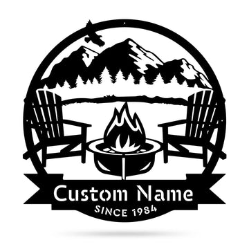 RealSteel Personalized Mountain Campfire Monogram Metal Sign – Custom Family Name Rustic Wall Art for Cabin, Campground, RV & Backyard Fire Pit – Outdoor Camping Décor – Unique Personalized Gift – USA