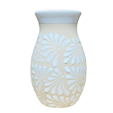 White Engobe Espiga Plumeado Florero Ovulo - Florero Barro - Mexican Home Décor - Clay Vase - Michoacán Clay Vase - Oval Clay Vase - Handmade vase - Hand painted Vase