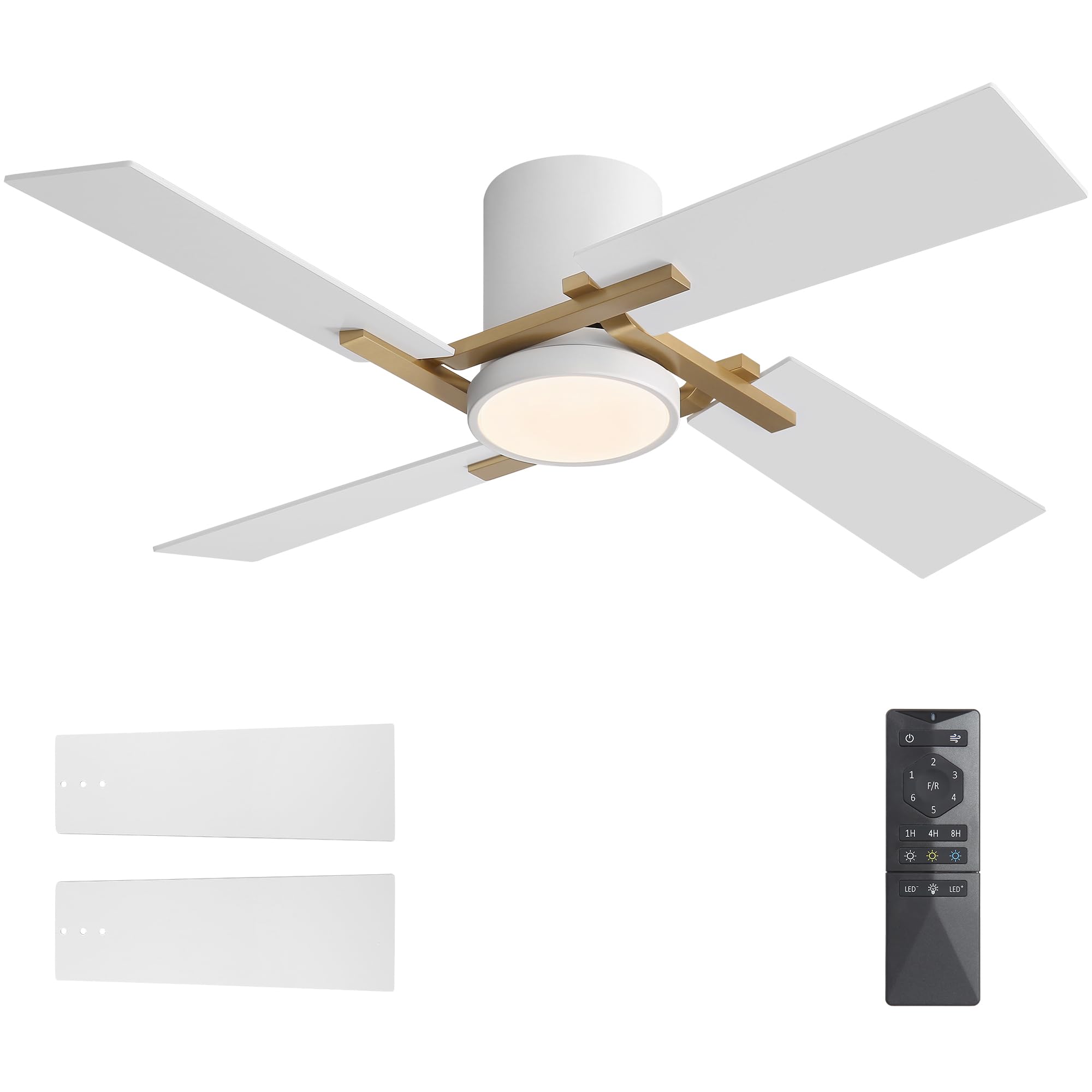 WINGBO 48" Flush Mount Ceiling Fan with Light - 4 Plywood Blades, 6-Speed Reversible DC Motor, Dimmable, 3CCT, Noiseless Low Profile Ceiling Fans and Light for Bedroom Living Room, Gold and White