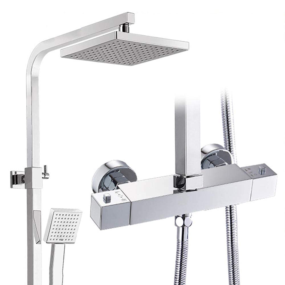 Chrome-Plated Thermostatic Shower Mixer Set, Pressurized Rain Shower Head with Anti-Limestone Hand Shower Shower Kits Bathroom Shower System