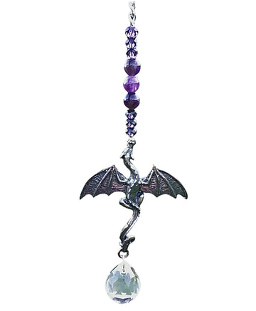 Dragon Suncatcher for Car Rear View Mirror - Amethyst Crystal Prism Hanging Ornament - Handmade Feng Shui Rainbow Maker Car Charm Decoration