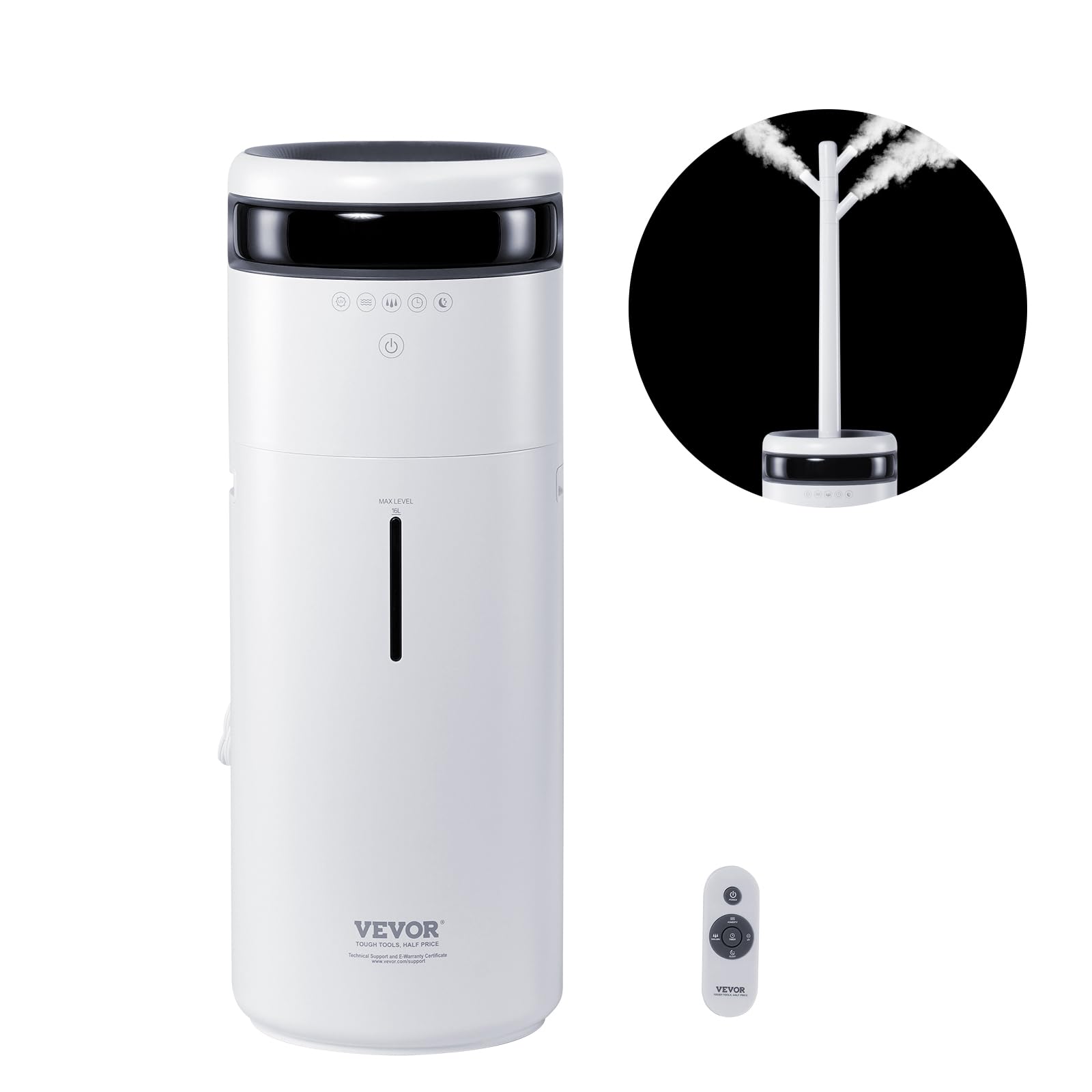 VEVOR Humidifier for Home Large Room 1291.7 sq ft, 16L Commercial Humidifier for Whole House Greenhouse Night Light & 12h Timer & Auto Shut-Off Humidifiers, Commercial Branch Tube w/ 360° Nozzle