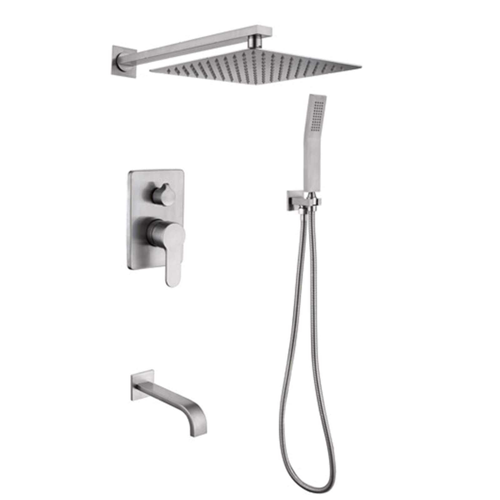 Shower Faucet Set Brushed Nickel Rainfall Shower System with Stainless Steel Square Shower Head and Brass Hand Sprayer Wall Mounted Bathroom Shower Fixture with Tub Spout