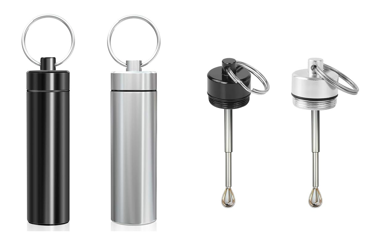 Portable Keychain Spice Jar with Adjustable Spoon, Aluminum Alloy, 2.2 x 0.6 Inch, Leak-Proof, 2 Pack (Black & Silver) (Aluminum Alloy)
