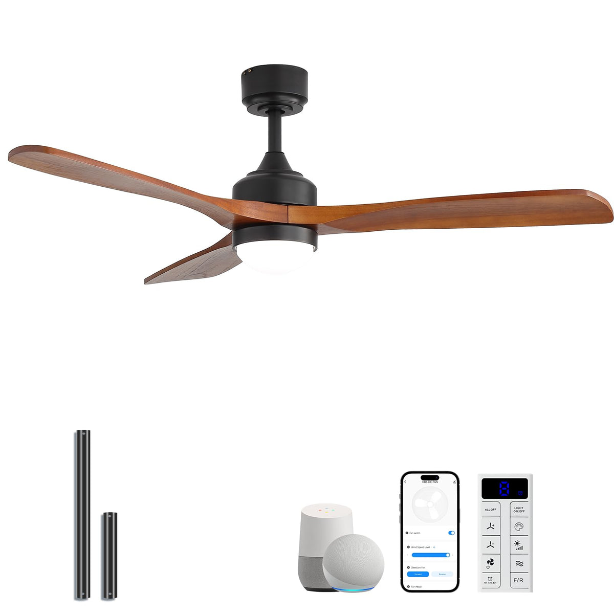 Sofucor 52" Smart Wood Ceiling Fans Lights, Flush Mount & Downrod Mount, 3 Wood Blades Modern Outdoor Ceiling Fans with Alexa/Google Assistant/APP/Remote Control for Bedroom, Farmhouse, Patio, Indoor