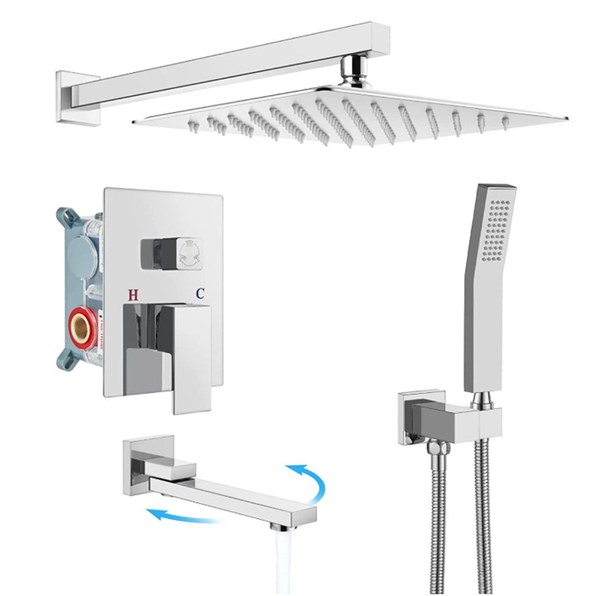 Wall Mounted Shower System with 180° Swivel Tub Spout Triple Function Shower Faucets Set 10-Inch Square Rainfall Shower Head with Handheld Shower Bathroom Shower Fixture (Chrome)