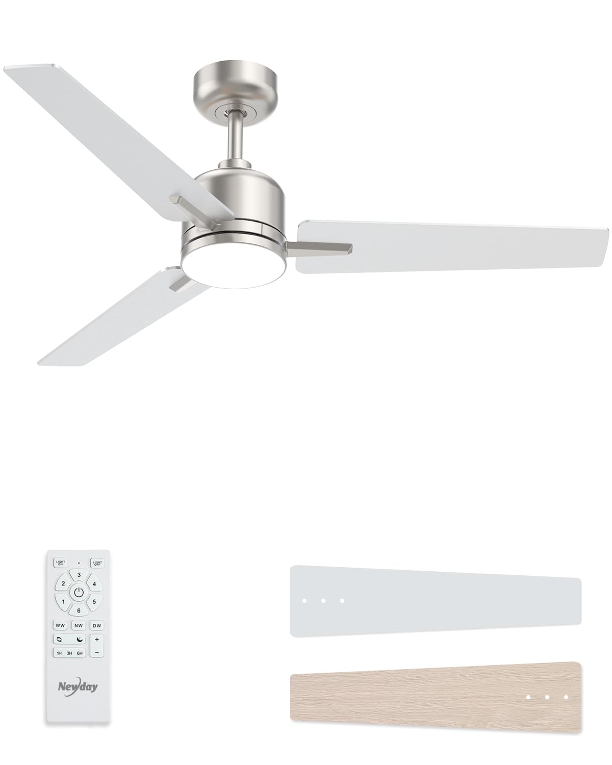 52 inch Ceiling Fans with Lights and Remote, Brushed Nickel Ceiling Fan, 6 Speed Reversible, 3CCT, Dimmable, Noiseless, 3 Blades, Quiet DC Motor, Silver Ceiling Fan for Bedroom, Indoor and Outdoor