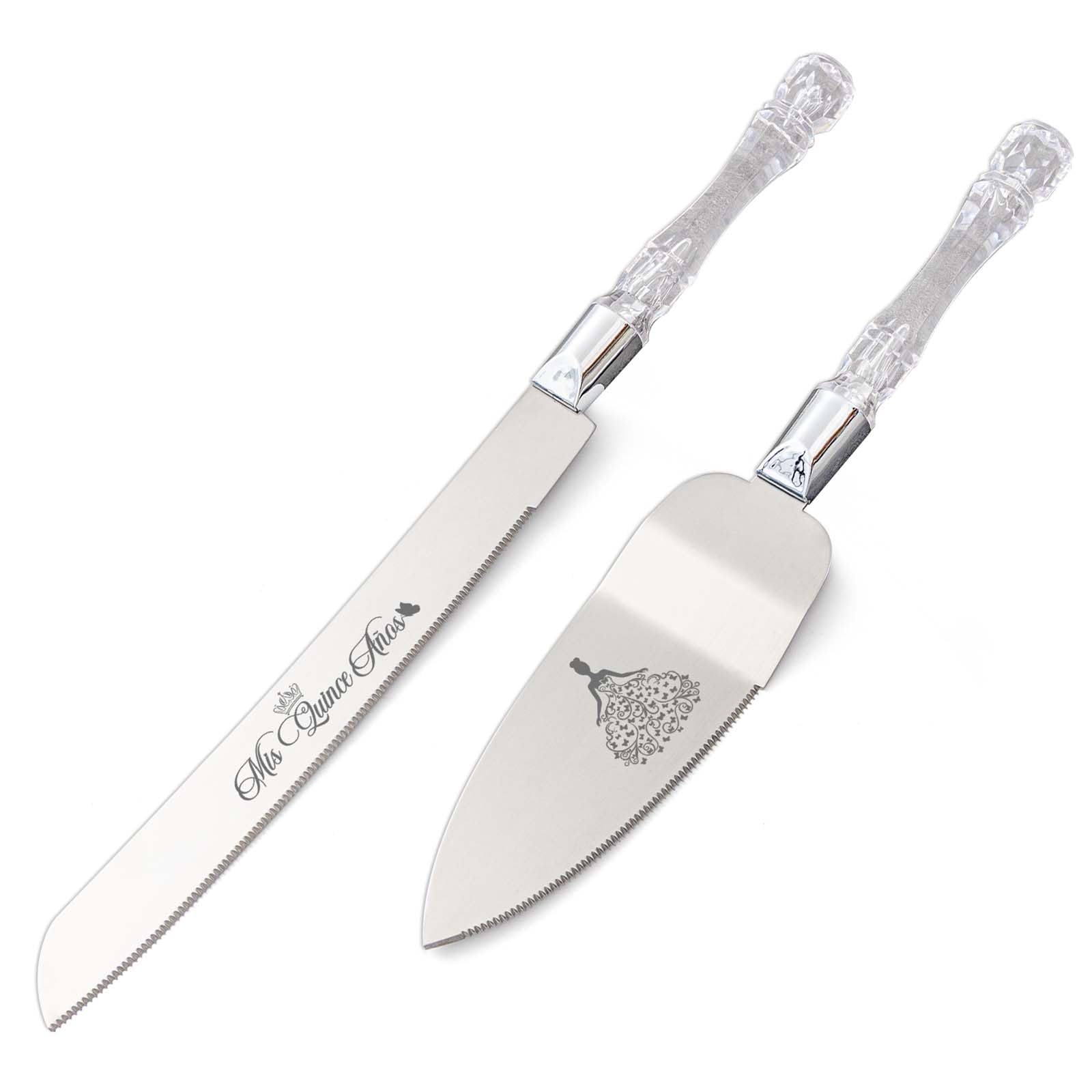 Mis Quince Años Quinceanera Cake Knife and Server Set - Sweet 15 Birthday Gifts for Girls, Feliz 15 Anos Party Decorations & Keepsake, Stainless Steel Cutting Set with Crystal Handles, Silver