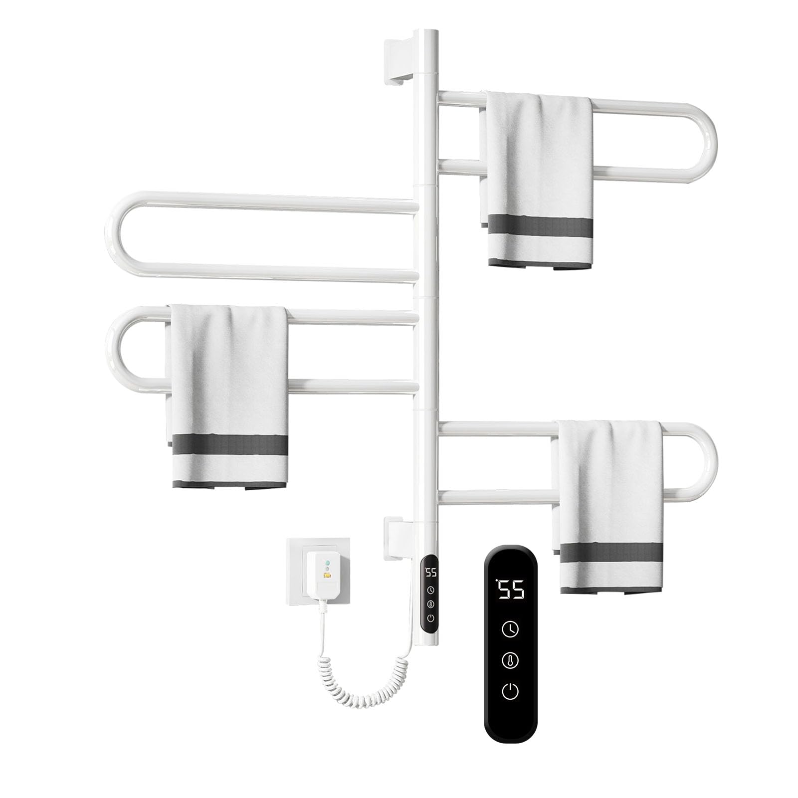 Heated Towel Racks for Bathroom Electric Towel Warmer Heated Towel Rack Wall Mounted, 180 Degree Rotation, IPX5 Waterproof, 110V, 0.22HP,White