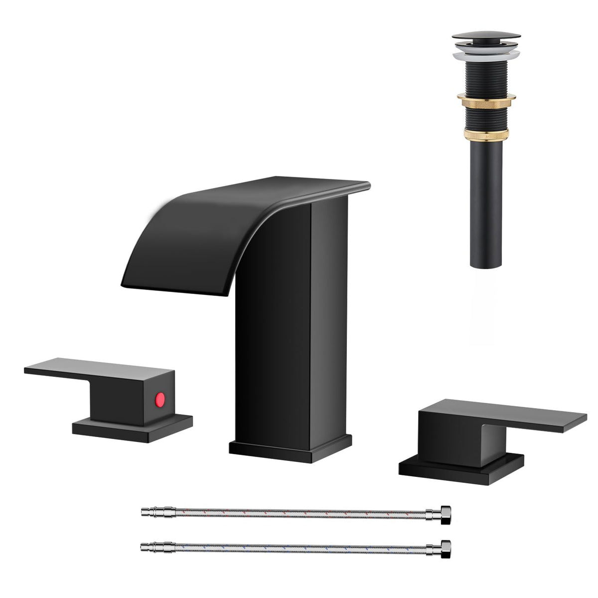 AVSIILE Matte Black Waterfall Bathroom Faucet 3 Hole, 8 Inch Widespread Modern 3 Piece Bathroom Sink Faucet, Touch On Lavatory Faucet for Vanity RV Restroom, Curved Spout