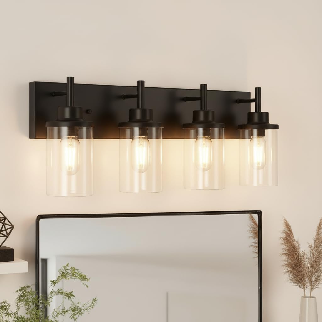 Vanity Light Fixtures, Matte Black Bathroom Light Fixtures Over Mirror, Modern Wall Sconces Lamp with Clear Glass Shade (4 Light)