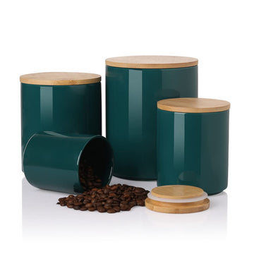 Sweejar Kitchen Canisters Ceramic Food Storage Jar Set, Stackable Containers with Airtight Seal Wooden Lid for Serving Ground Coffee, Tea, Herbs, Grains, Sugar, Salt - Set of 4 (Jade)