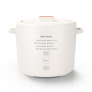 Narcissus Rice Cooker with Removable PFAS-Free Nonstick Pot, 3.5-Cup Capacity for 1-3 People, Multifunctional for Rice, Oatmeal, Quinoa, Slow Cook, Steam, Can Steam & Cook Simultaneously, Rice White