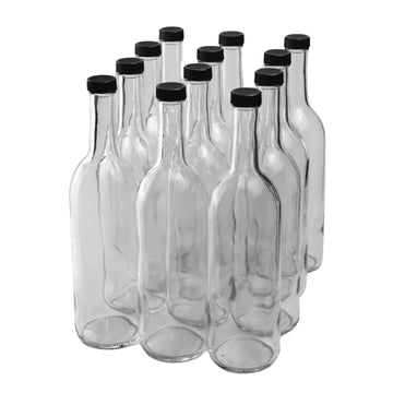 750ml Clear Glass Bottles with Lids, W5 Bordeaux, 12-Pack, Black Screw Caps