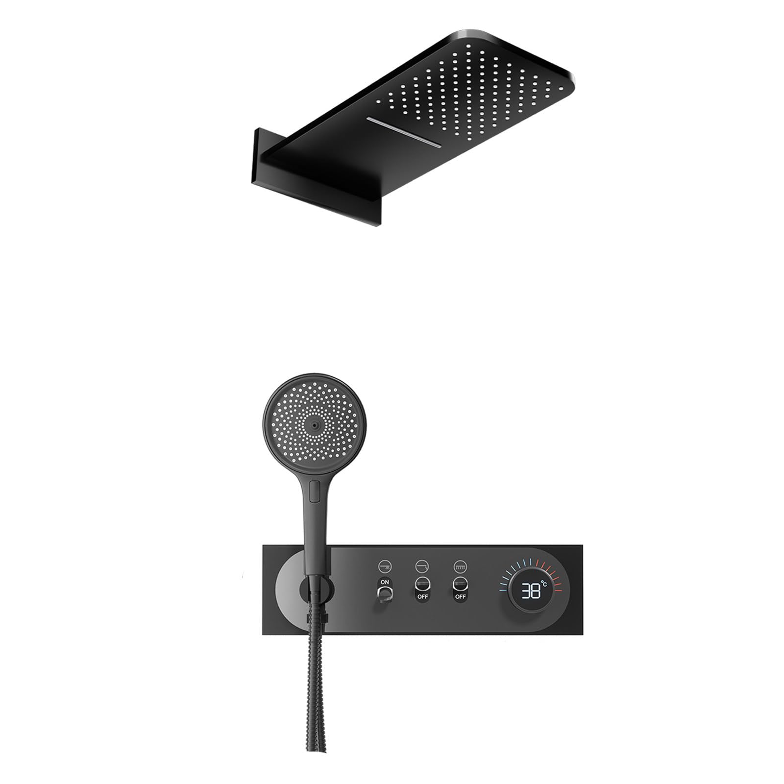 Rain Shower System, Black Bathroom Shower Faucet Set Digital Display Shower Fixtures Concealed Shower Kit Brass Shower Valves with Shower Head and 4 Modes Handheld Shower Head