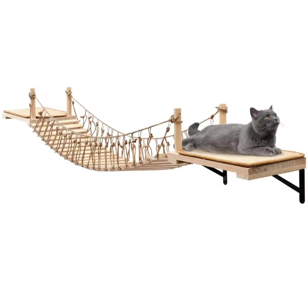A.FATI Wall-Mounted Cat Roped Bridge Long for Indoor Cats, Cat Wall Shelves for Sleeping, Playing, Climbing, Wooden Cats Bed and Perches with Sisal Scratch Mat