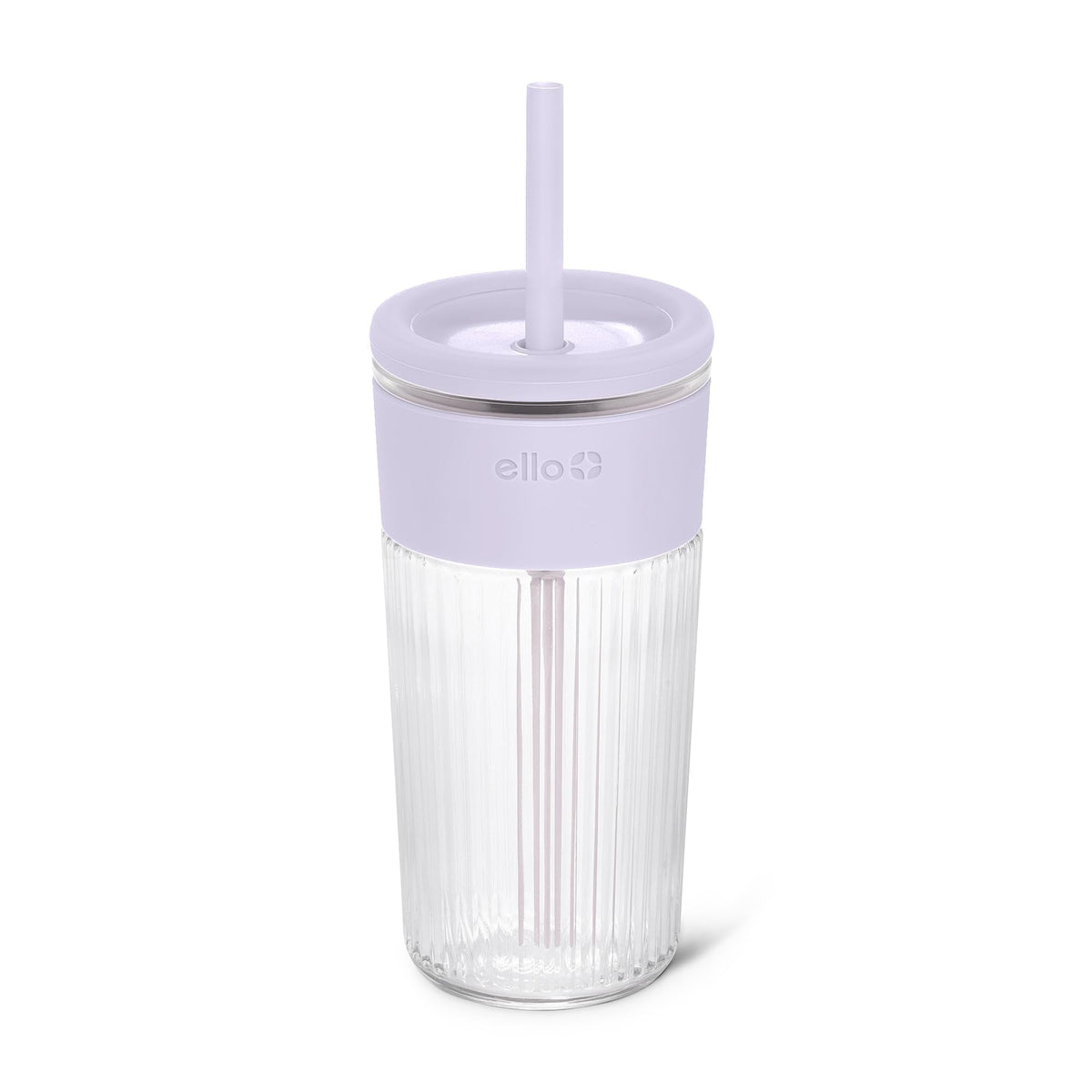 Ello Ava 18oz Glass Tumbler with Straw and Lid | Premium Ribbed Glass with Silicone Grip, Car Cup Friendly, Dishwasher Safe, BPA Free | Iced Coffee, Water, Matcha, Juice Cup | Sugarplum