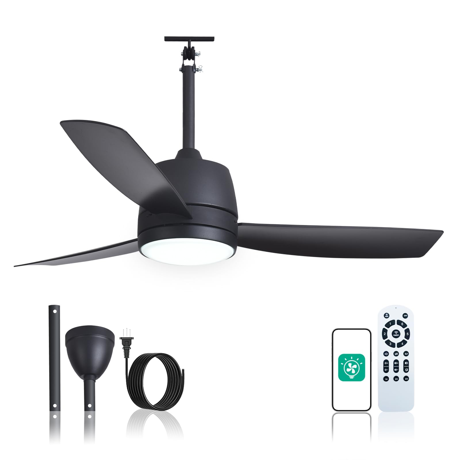 Orison 42" Outdoor Ceiling Fan with Light, 3-Blade Black Patio Fan, Plug-in with Hook Mount, IP44 Waterproof, 6 Speeds Quiet DC Motor, Remote & App Control, Dimmable LED, Reversible