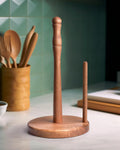 Farmhouse Acacia Wood Paper Towel Holder Countertop, Weighted Base for Kitchen & Bathroom, One-Handed Operation, Wooden Standing Towel Roll Organizer, Jumbo Rolls