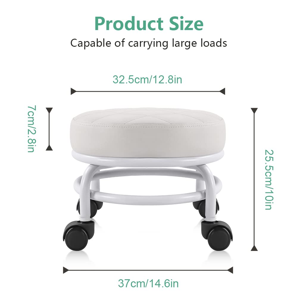 Furwoo Low Roller Seat Pu Leather Rolling Stool Step Stool Mechanic Stool on Wheels for Home Office Garage Shop White, one size