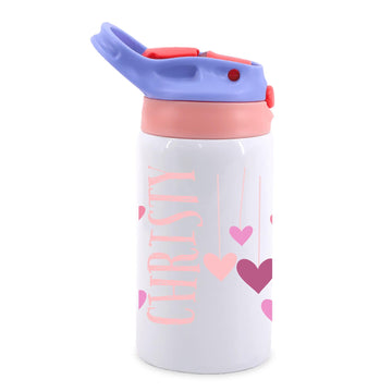 Personalized Pink Hearts Kids Water Bottle – 12oz Insulated Stainless Steel Cup with Straw Lid – Valentine’s Day Gift for Girls – Custom Name Kids Cup
