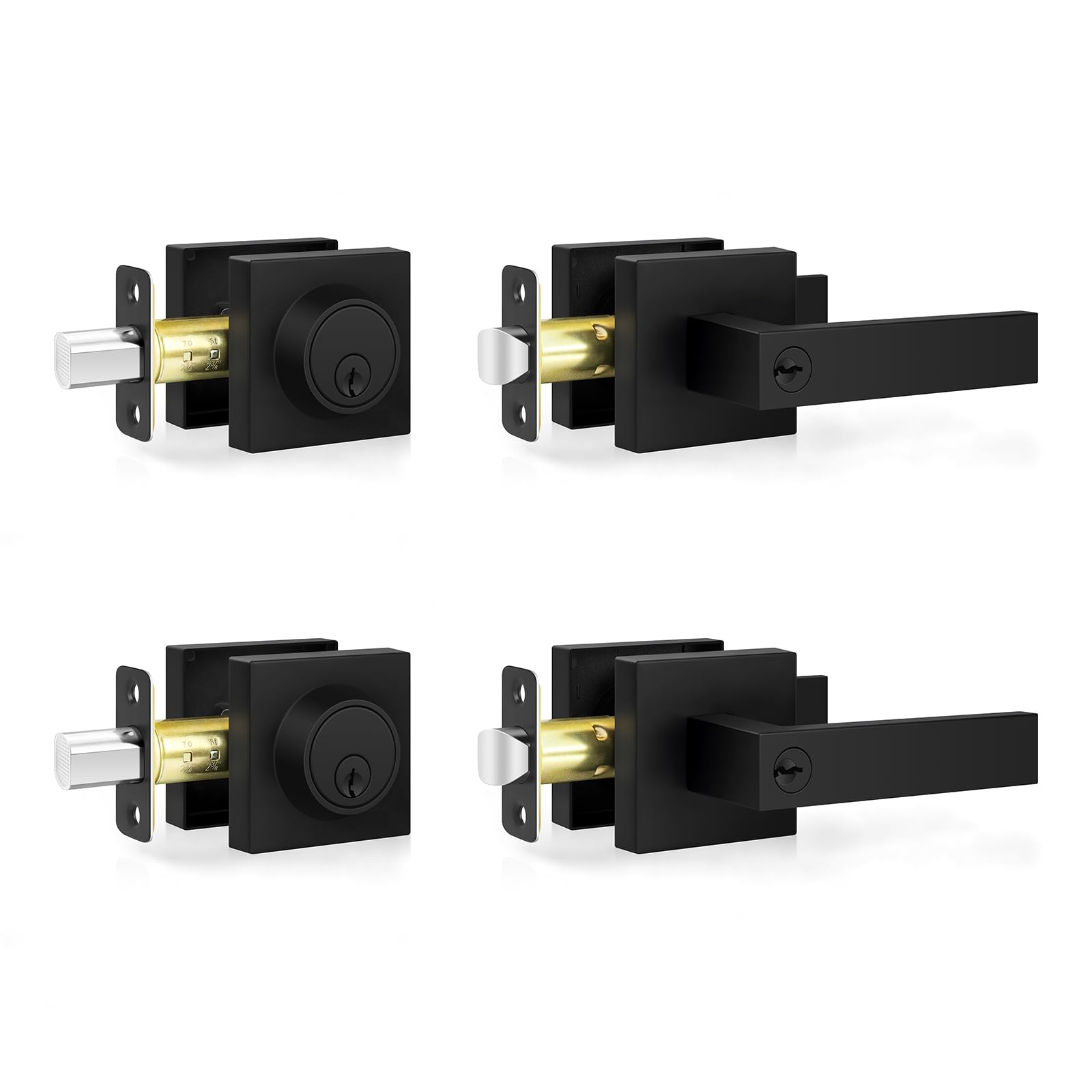 Estmoon Front Door Lock Set Exterior Door Handle, Keyed Alike Matte Black Door Locks for Front Door Heavy Duty Black Door Handle and Single Cylinder Deadbolt Lock, Garage Door Lock for Entrance,2 Pack
