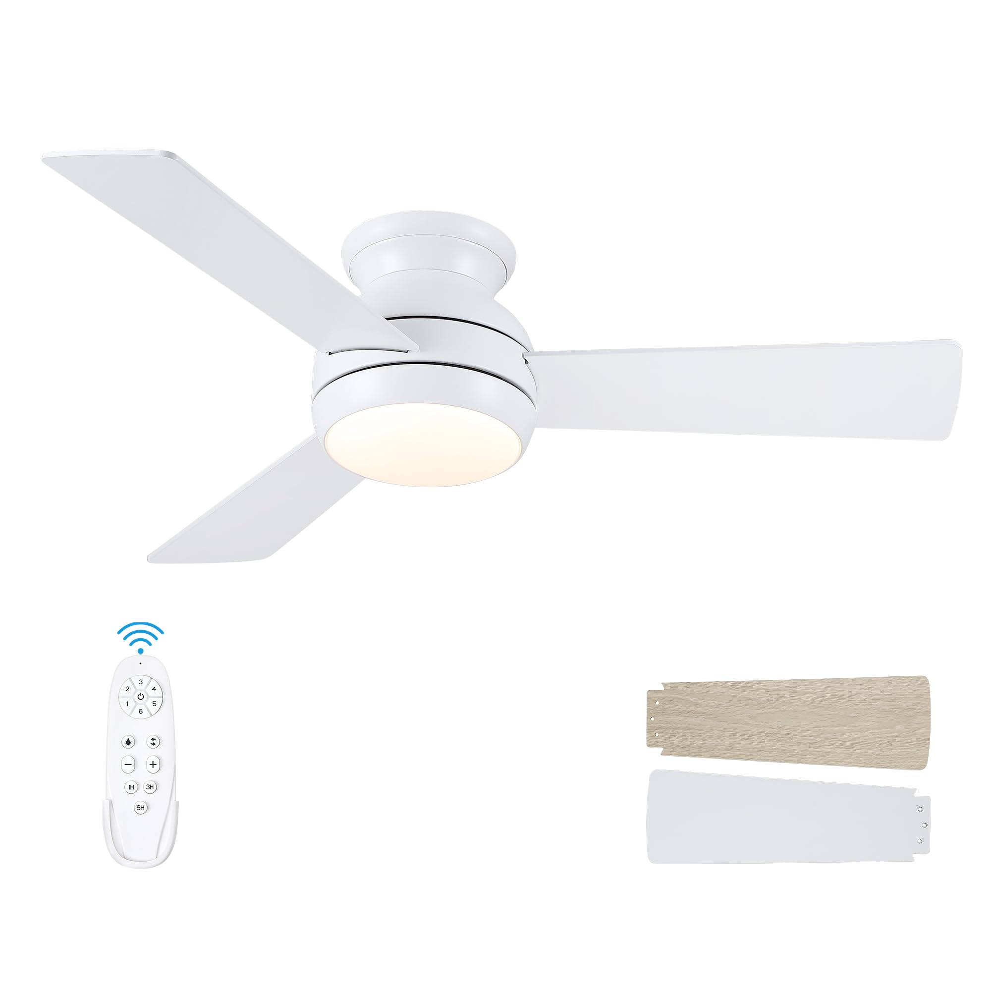 42 Inch Ceiling Fans with Lights and Remote, Low Profile Ceiling Fan with Light Flush Mount, Reversible, 6 Speeds, 3CCT Dimmable White Ceiling Fan for Bedroom Dinning Room Indoor