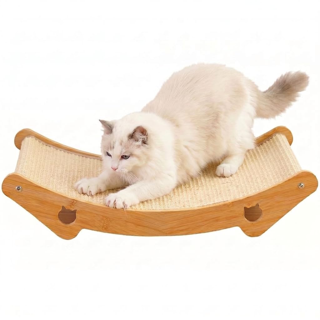 Sisal Cat Scratcher Bed, 3-in-1 Natural Sisal Scratching Board & Hammock, Solid Wood Frame, Ergonomic 150° Curve, No Cardboard Dust, for Indoor Cats up to 20 lbs