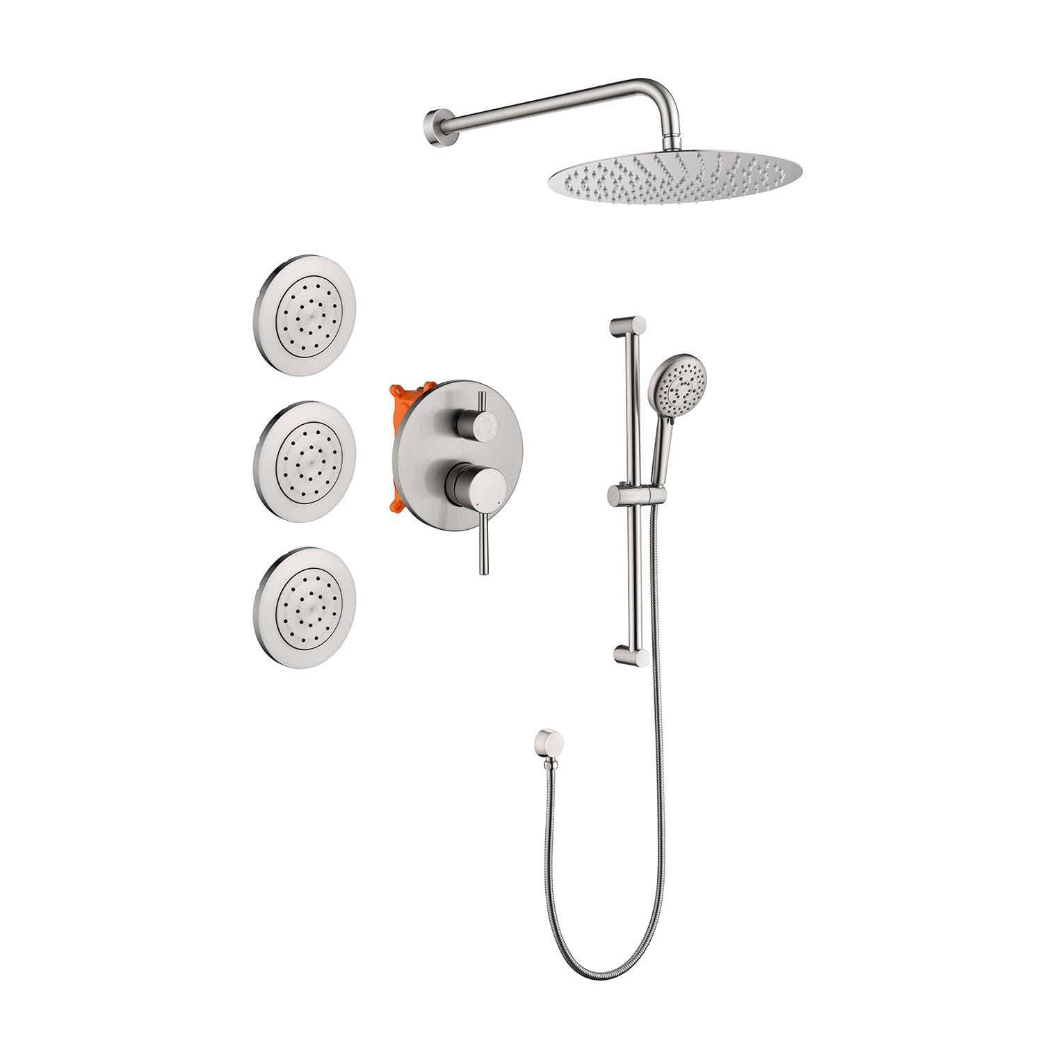 Kaimei Brushed Nickel Shower System with Rain Shower Head, Handheld Shower, Slide Bar, and Body Jets -Modern Bathroom Shower Fixtures with Lever Handles