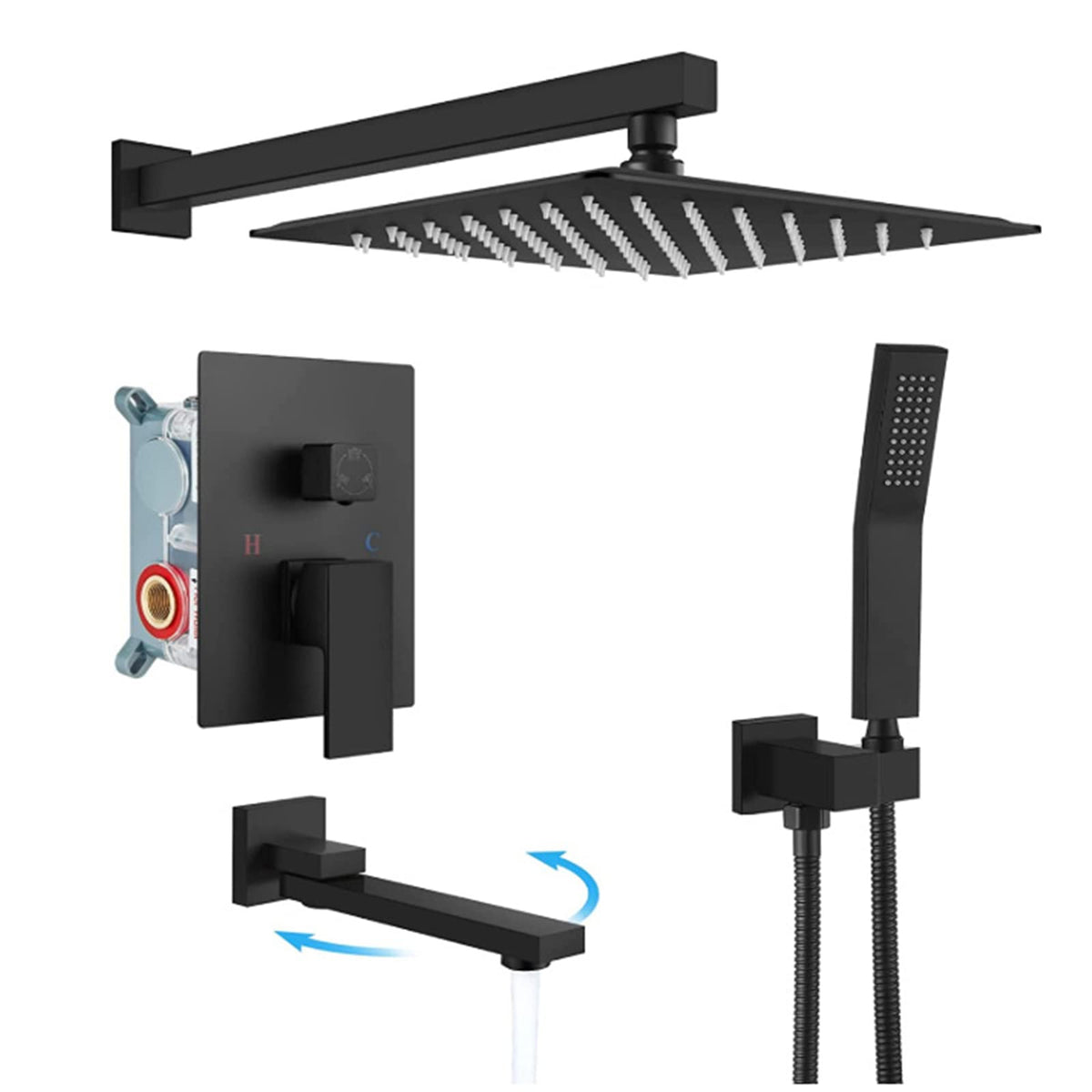 Wall Mounted Shower System with 180° Swivel Tub Spout Triple Function Shower Faucets Set 10-Inch Square Rainfall Shower Head with Handheld Shower Bathroom Shower Fixture (Black)