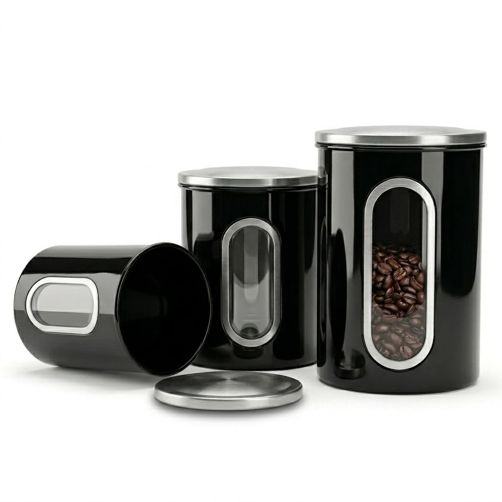 Mixpresso 3-Piece Black Canisters Sets For The Kitchen, Airtight Canister Set With See Through Window, Storage Jars for Coffee Container, Tea Organizer & Sugar Canister, Black Kitchen Canisters