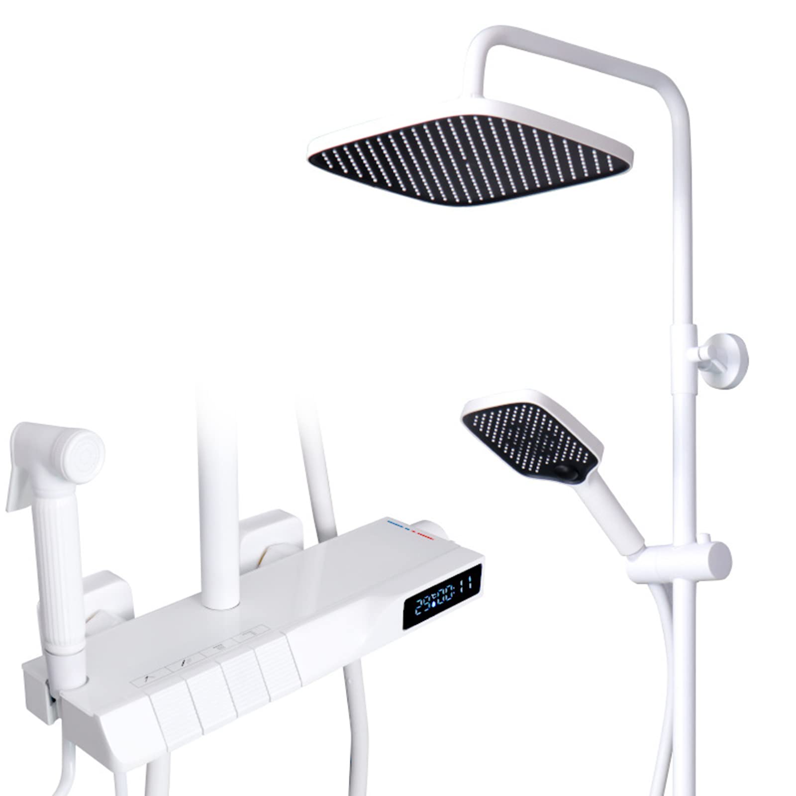 Shower System White, Thermostatic Digital Display Shower Faucet Set with Adjustable Rain Shower Head and Hand Sprayer Bathroom Shower Fixture with Bidet Sprayer and Tub Spout