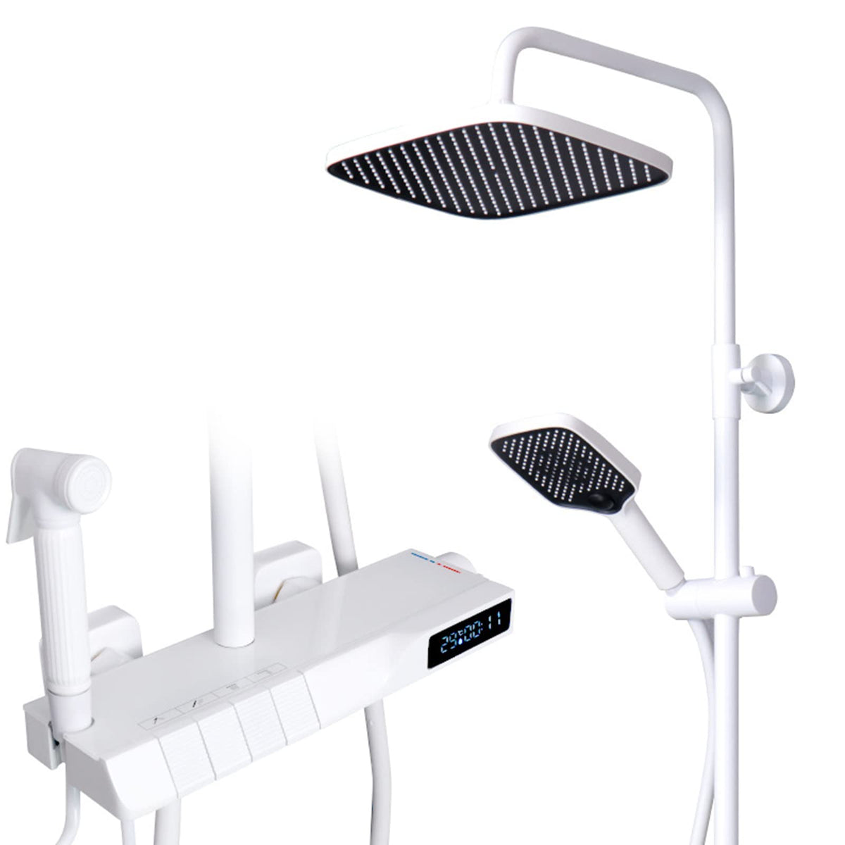 Shower System White, Thermostatic Digital Display Shower Faucet Set with Adjustable Rain Shower Head and Hand Sprayer Bathroom Shower Fixture with Bidet Sprayer and Tub Spout